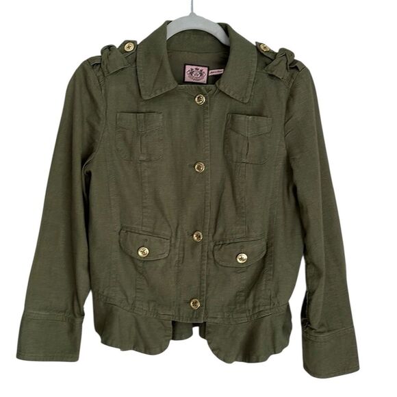 Juicy Couture Linen Green Jacket Cargo ruffle military style Size S - Picture 1 of 11